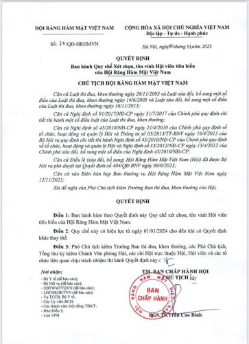 Quyết định Ban Hành Quy chế xét chọn, tôn vinh Hội viên tiêu biểu của Hội RHM Việt Nam