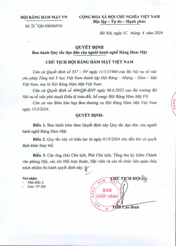 Quyết định Ban hàh quy tắc đạo đức của người hành nghề Răng Hàm Mặt