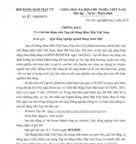 Thông báo về việc gửi bài đăng trên Tạp chí Răng Hàm Mặt Việt Nam