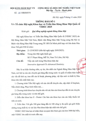 Thông báo số 1 về Hội nghị Khoa học và Triển lãm Răng Hàm Mặt Quốc tế VIDEC 2024