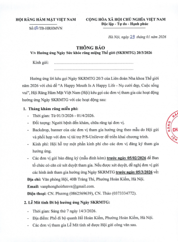Thông báo hưởng ứng Ngày Sức khỏe răng miệng Thế giới (SKRMTG) 20/3/2026