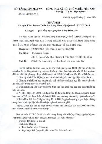 Thông báo Quý đồng nghiệp ngành Răng Hàm Mặt về Hội nghị Khoa học và Triển lãm Răng Hàm Mặt Quốc tế/ VIDEC 2024